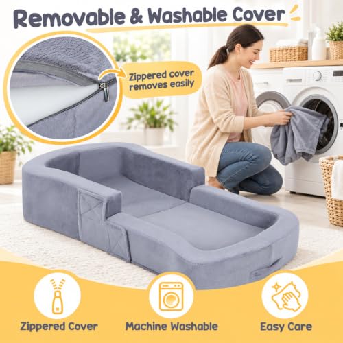 Portable Toddler Travel Bed - Foldable Kids Floor Bed with High Sides, Grey