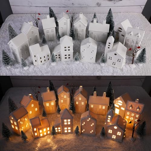 White Christmas Village Set with LED Houses & Trees - 30 Pieces, Rich Style