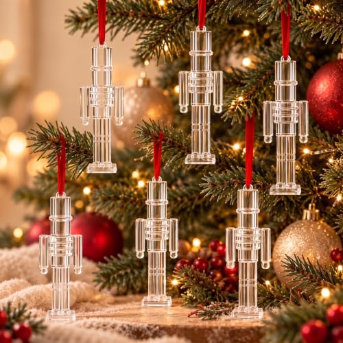 6 Pack Acrylic Nutcracker Christmas Ornaments Hanging Decorations - Clear Festive Tree Decor