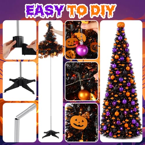 Halloween Pop-up Black Wire Tree with Pumpkin Top, 5ft Tinsel Tree with Lights & Ornaments - Variation of THIS listing