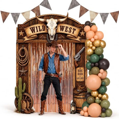 Western Cowboy Party Decorations Kit - 115 Pcs Wild West Backdrop & Balloon Arch - Variation of Western Cowboy