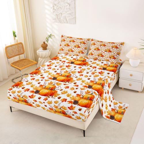 Feelyou Fall Queen Bed Sheet Set for Kids & Adults - Orange White Variation
