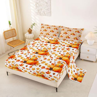 Feelyou Fall Queen Bed Sheet Set for Kids & Adults - Orange White Variation