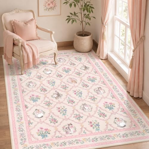 Pink Floral Cat Rug 4x6 ft - Washable Non-Slip Area Rug for Girls Bedroom & Nursery - Pink & White Vintage Design