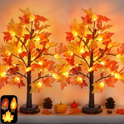 Set A 2-Pack 24-Inch Lighted Fall Maple Trees for Thanksgiving Decor
