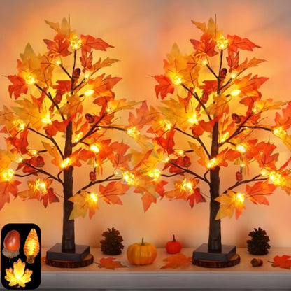 Set A 2-Pack 24-Inch Lighted Fall Maple Trees for Thanksgiving Decor