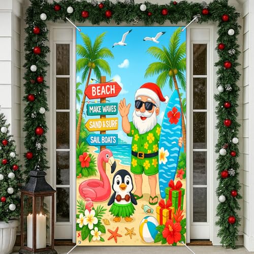Christmas Surfboard Santa Door Cover Banner - Beach Santa Penguin Holiday Style 71x35