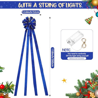 Velvet Christmas Tree Topper Bow with LED Lights - Royal Blue Large 12.6x118 Inch with Ribbon Streamers
