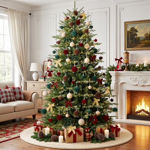 Velvet Christmas Tree Ornaments Set - Red, Green, Gold, Brown - 80pcs with Embossed Patterns