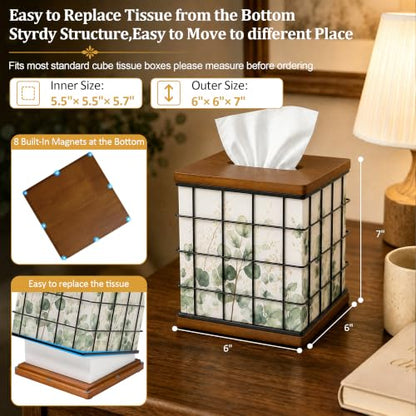 Square Oak Wood & Metal Tissue Box Cover with 4 Seasonal Panels - Brown & Black, 6x6x7 Inches