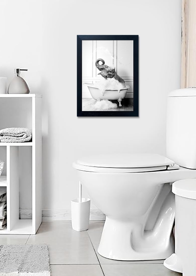 Regine Switzerland Elephant in Bathtub Wall Art - Funny Black & White Canvas Print for Bathroom Decor