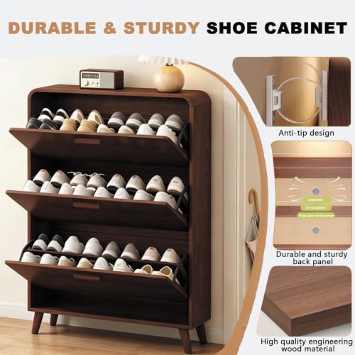 Slim Wall-Mounted Shoe Cabinet with Flip Drawers, Adjustable Shelves, 3 Tiers