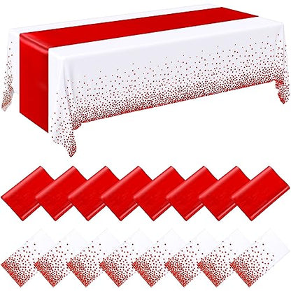 Tudomro 16 Pack White and Red Plastic Tablecloths with Satin Runners Set - Wedding Party Decor