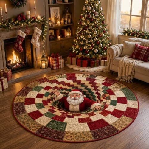 Christmas 3D Vortex Santa Floor Mat - Round Optical Illusion Rug, 39.37in, Anti-slip, Easy Clean