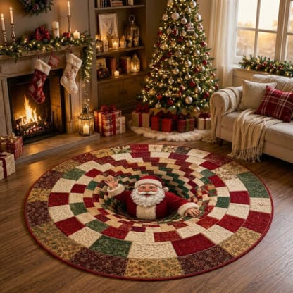 Christmas 3D Vortex Santa Floor Mat - Round Optical Illusion Rug, 39.37in, Anti-slip, Easy Clean