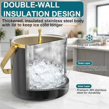 Black and Gold 3.2L Double Wall Ice Bucket with Lid, Scoop & Tongs
