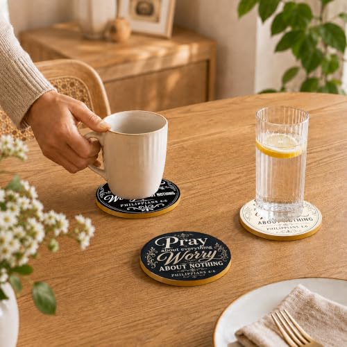 Christian Pray Cork Coasters Set of 6 with Holder - Faith-Based Bible Verse Decor