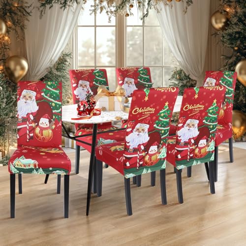 Christmas Dining Room Chair Covers Set of 2 Santa Claus Spandex Slipcovers - Holiday Party Decor