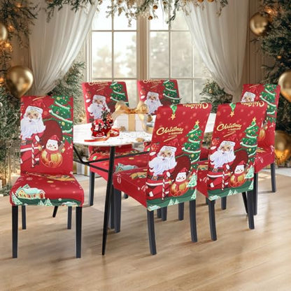 Christmas Dining Room Chair Covers Set of 2 Santa Claus Spandex Slipcovers - Holiday Party Decor