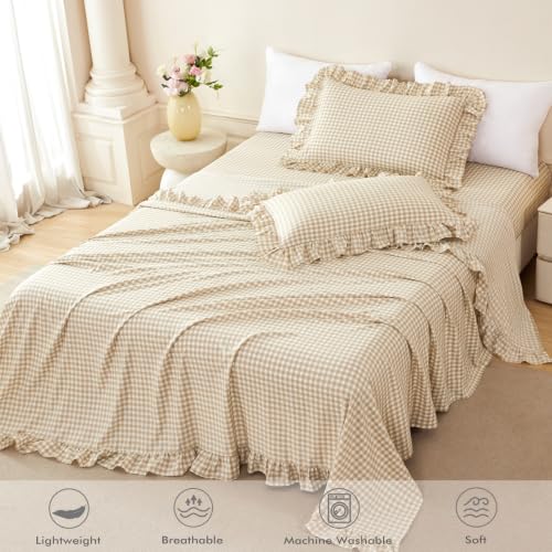 Tan Gingham Full Bed Sheet Set with Ruffle Trim - 4 Piece Farmhouse Bedding
