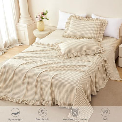 Tan Gingham Full Bed Sheet Set with Ruffle Trim - 4 Piece Farmhouse Bedding