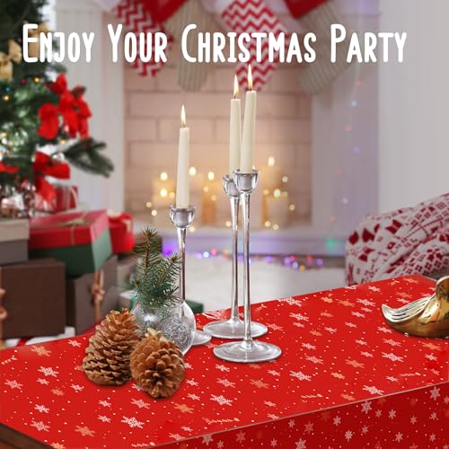 Christmas Tablecloths 3 Pack - Red Festive Plastic Covers with Santa & Snowflakes