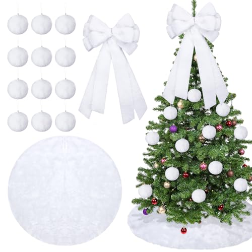 White Christmas Tree Decor Set with Faux Fur Bow Skirt and Ornaments