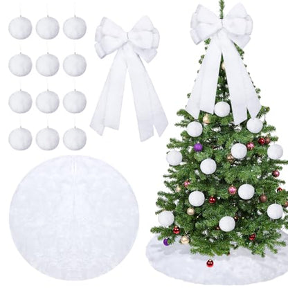 White Christmas Tree Decor Set with Faux Fur Bow Skirt and Ornaments