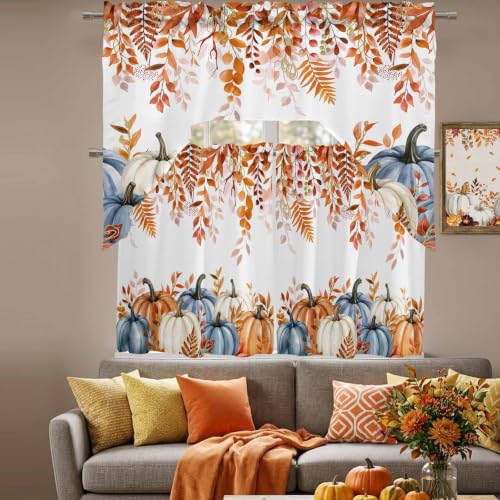 Fall Pumpkin Swag Curtain Set with Valance and Eucalyptus Leaves - 3 Pieces, 27.5W x 24L, Orange Blue White Terracotta Variation of THIS listing