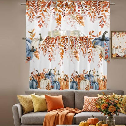 Fall Pumpkin Swag Curtain Set with Valance and Eucalyptus Leaves - 3 Pieces, 27.5W x 24L, Orange Blue White Terracotta Variation of THIS listing