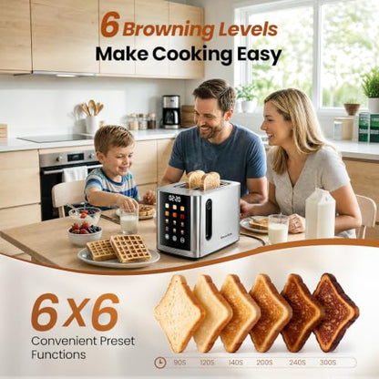 Silver 2 Slice Touch Screen Smart Toaster with Wide Slots