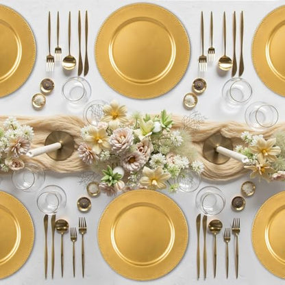 Gold Charger Plates Set of 12 - 13 Inch Beaded Rim Plastic Dinnerware for Weddings and Holidays - Variation: Gold / 12