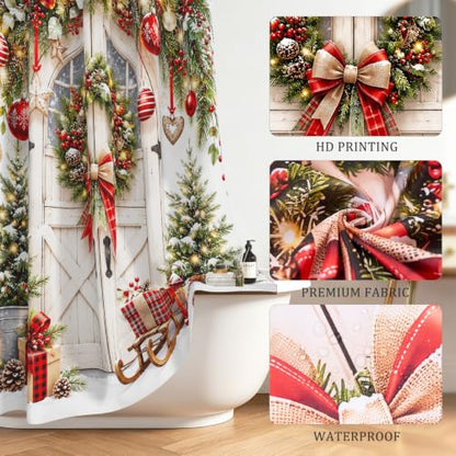 Farmhouse Christmas Wreath Shower Curtain - Rustic Wooden Door Pine Berry Ornament Lantern with Hooks - White Variation