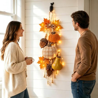 Rustic Wooden Pumpkin Door Hanging Swag with Warm LED Lights - Orange - Fall Decor