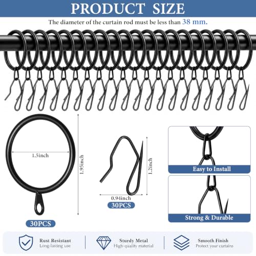 Metal Curtain Rings with Hooks - Black, 38mm - 30 Pieces