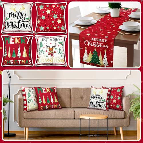 Christmas Table Runner & Pillow Covers Set - Star Pattern, 18x18 Inch, Holiday Decor