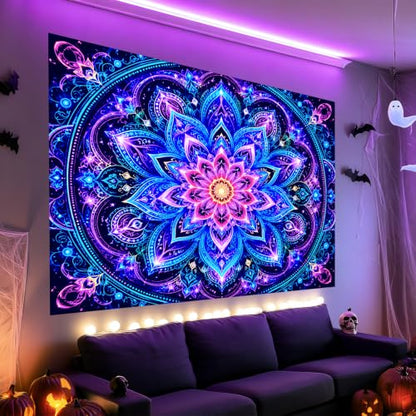 UV Black Light Mandala Wall Tapestry - 78x59 in Polyester, Neon Glow Effect HC-YL-72018