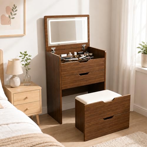 Walnut 23.6" 3-In-1 Makeup Vanity Desk with Flip Top Mirror & Light - Sliding Glass Top, Jewelry Organizer, Hidden Stool