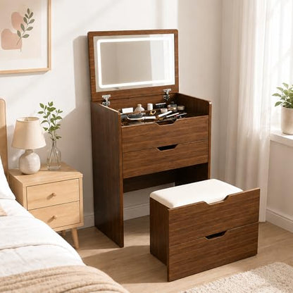 Walnut 23.6" 3-In-1 Makeup Vanity Desk with Flip Top Mirror & Light - Sliding Glass Top, Jewelry Organizer, Hidden Stool