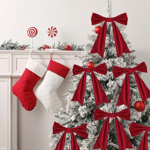 6 Pack Extra Large Red Velvet Bowknot Christmas Tree Ornaments - Indoor Holiday Decor