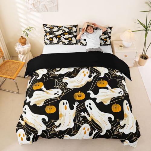 Halloween Ghost Duvet Cover Set Queen Size Black Orange Pumpkin Bedding