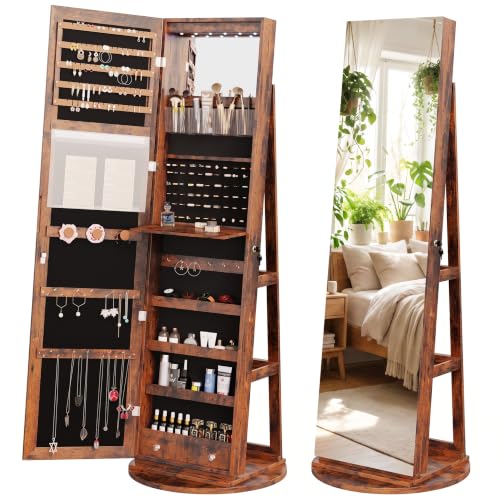 OLIXIS 360° Swivel Jewelry Cabinet with Light & Lockable Full Length Mirror - Brown