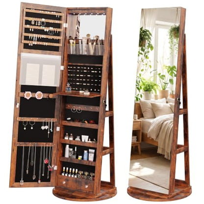 OLIXIS 360° Swivel Jewelry Cabinet with Light & Lockable Full Length Mirror - Brown
