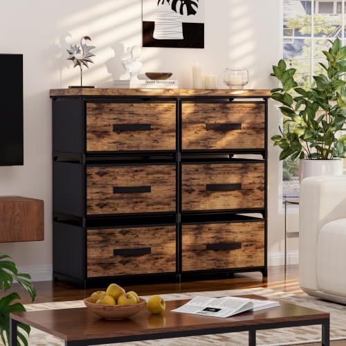 Dresser 6 Fabric Large Drawer Stand with Leather Top - Brown Variation