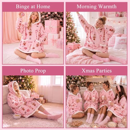 Berlune Pink Christmas Wearable Blanket Hoodies with Fuzzy Socks - Nutcracker Variant