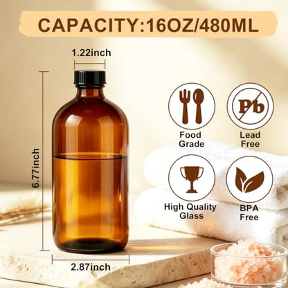 15 Pack 16oz Amber Glass Bottles with Caps for Storage & DIY Projects