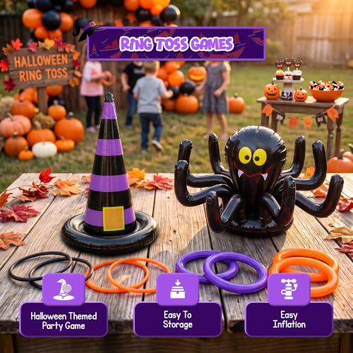 Halloween Ring Toss Game Set with Inflatable Spider & Witch Hat - 2 Pack Indoor Outdoor Party Fun