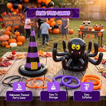 Halloween Ring Toss Game Set with Inflatable Spider & Witch Hat - 2 Pack Indoor Outdoor Party Fun
