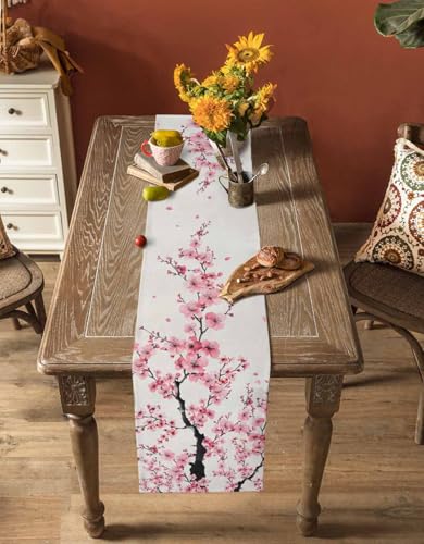 Japanese Style Cherry Blossom Table Runner 13x72 Inches Cotton Linen Burlap Pink