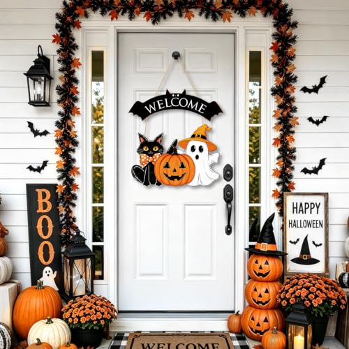Large Black Wooden Halloween Ghost Door Wreath for Front Door & Wall Decor - Sophena